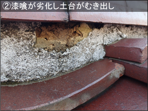 雨漏りの種類別原因 漆喰が劣化し土台がむき出しの状態