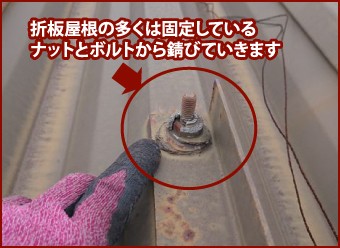 折板屋根の多くは固定しているナットとボルトから錆びていきます