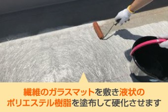 繊維のガラスマットを敷き液状のポリエステル樹脂を塗布して硬化させます