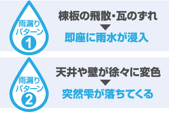 棟板の飛散・瓦のずれ,天井や壁が徐々に変色