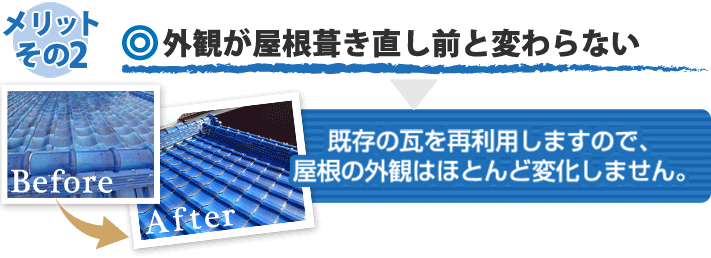 屋根葺き直し メリットその２ 既存の瓦を再利用しますので、屋根の外観はほとんど変化しません。