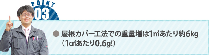 ● 屋根カバー工法での重量増は1㎡あたり約6kg（1㎠あたり0.6g!）