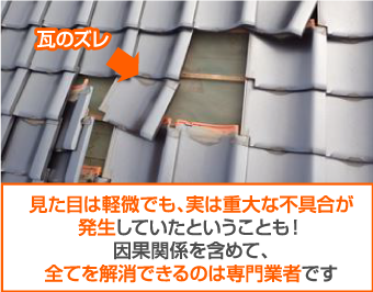 見た目は軽微でも、実は重大な不具合が発生していたということも！因果関係を含めて、全てを解消できるのは専門業者です