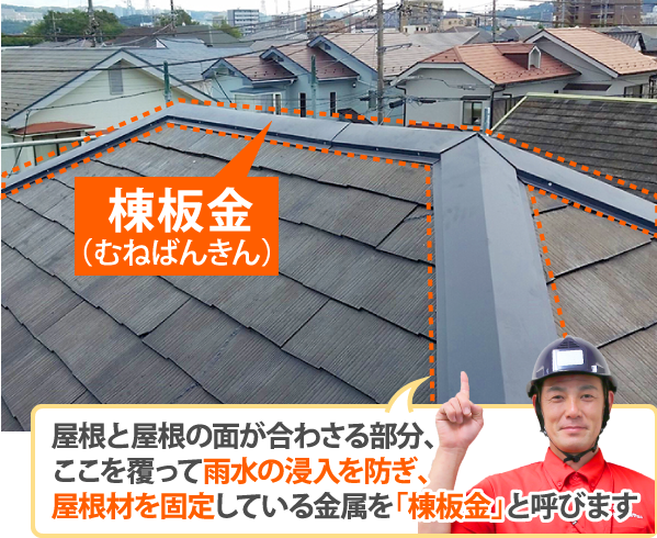屋根と屋根の面が合わさる部分、ここを覆って雨水の浸入を防ぎ、屋根材を固定している金属を「棟板金」と呼びます