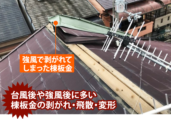 台風後や強風後に多い棟板金の剥がれ・飛散・変形