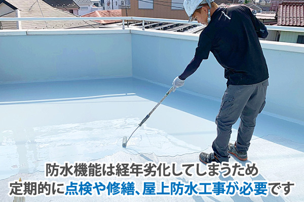 防水機能は経年劣化してしまうため、定期的に点検や修繕、屋上防水工事が必要です