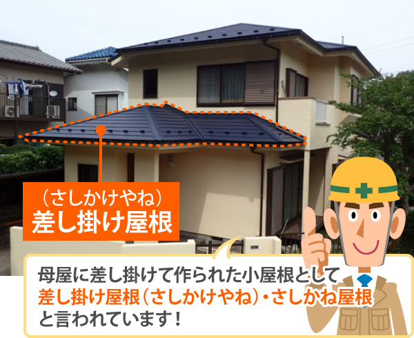 母屋に差し掛けて作られた小屋根として差し掛け屋根（さしかけやね）・さしかね屋根と言われています！