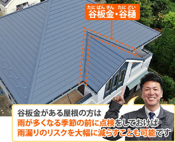 谷板金がある屋根の方は雨が多くなる季節の前に点検をしておけば雨漏りのリスクを大幅に減らすことも可能です