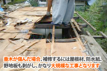 垂木が傷んだ場合、補修するには屋根材、防水紙、野地板も剥がし、かなり大規模な工事となります