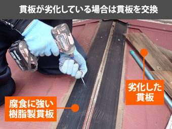 棟板金を固定した釘が緩み板金が浮いている