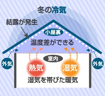 結露は冷気で冷えた小屋裏と暖房で湿気を帯びた室内との温度差で生じます