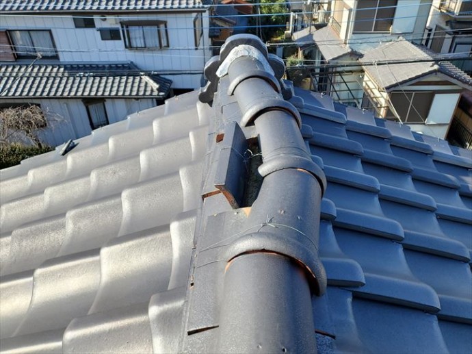 20200121_132024松戸市稔台_瓦屋根調査 大棟が台風の影響により崩れています