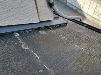 鎌ケ谷で行ったスレート屋根調査で水切りに苔が発生