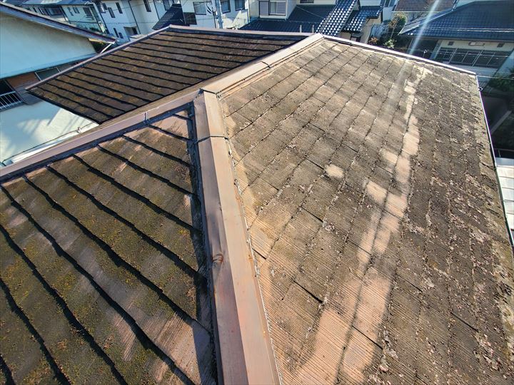 屋根塗装の塗膜の剥がれにより屋根が色褪せています