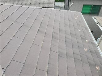 塗膜が剥がれて防水性が低下したスレート屋根の調査の様子