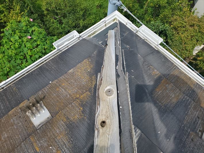 棟板金が飛散し防水紙が露出しているので雨漏りに繋がります