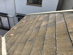 コケと汚れの付着したスレート屋根
