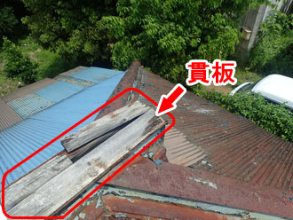 トタン屋根の棟板金が飛散し、内部の貫板が露出していました。