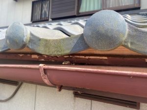 雨樋が劣化して大きく湾曲している状況