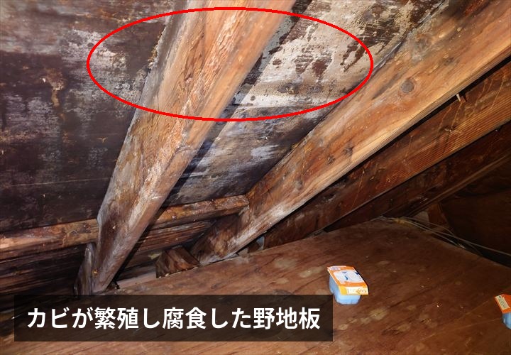 小屋裏で腐食した野地板