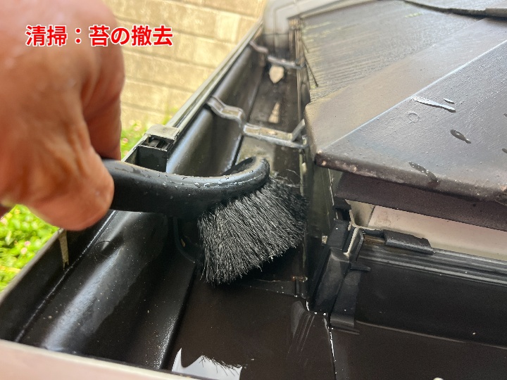 ブラシで雨樋を清掃