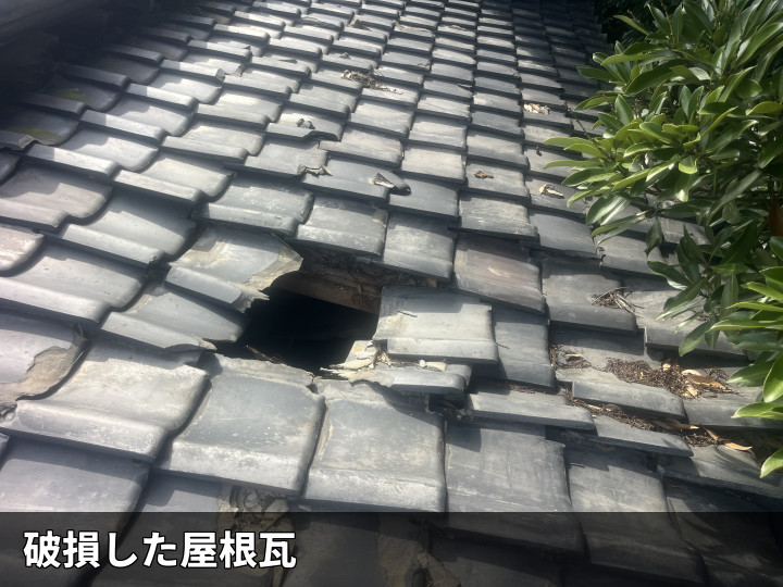 穴の開いた瓦屋根