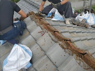 20190718_085708野田市船形_棟取り直し工事 野田市船形で棟取り直し工事を実施、葺き土を解体・撤去します